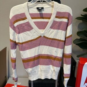 PAIGE Women's V-Neck Sweater - Pink, White, and Brown Stripes
